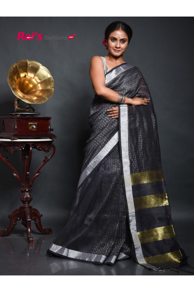 Organic Linen Saree With Silver Zari Border And All Over Fine Weaving Small Butta Design (RAI201001621)
